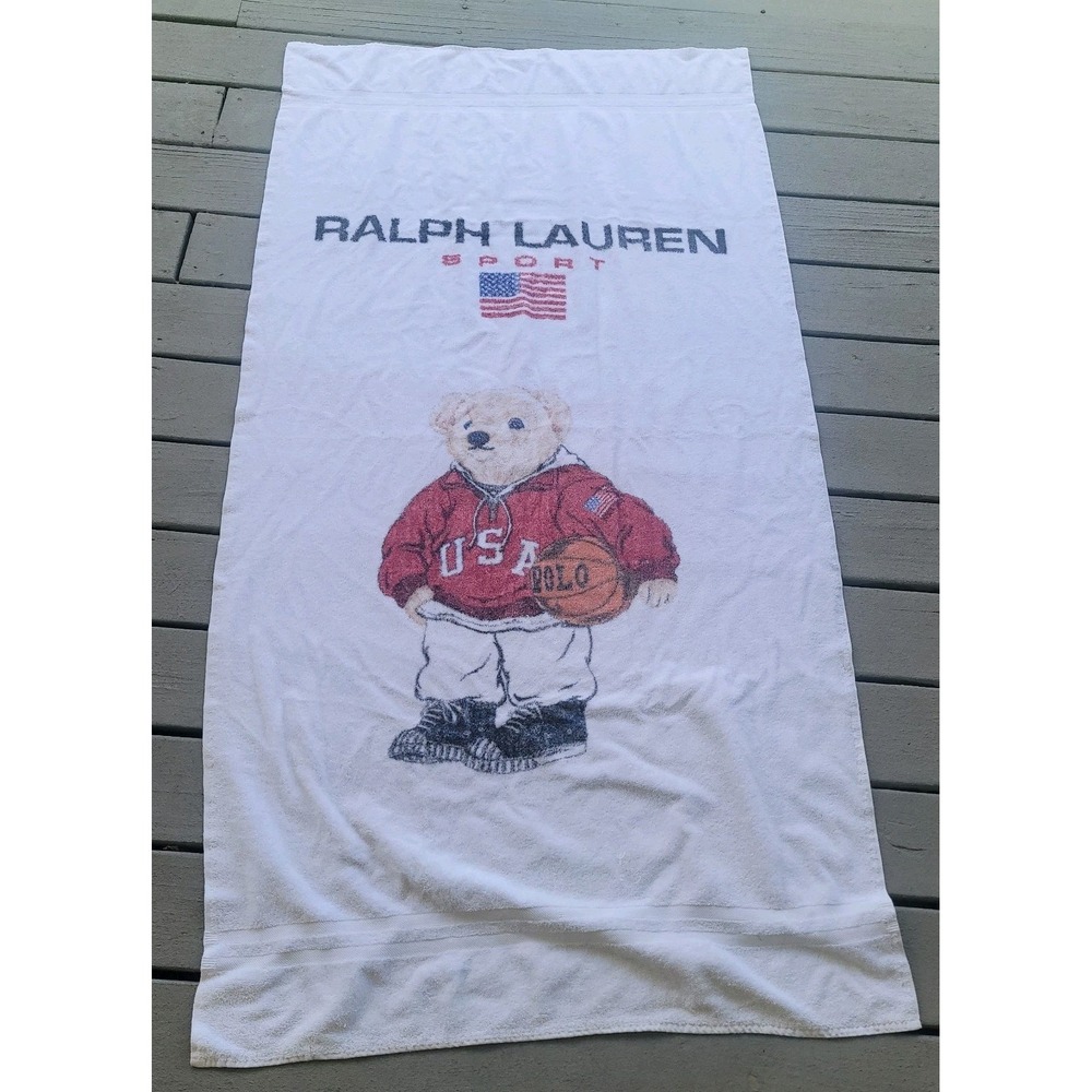 Vintage Ralph Lauren Sport Polo Bear USA Flag Beach Towel 34x66 White Cotton